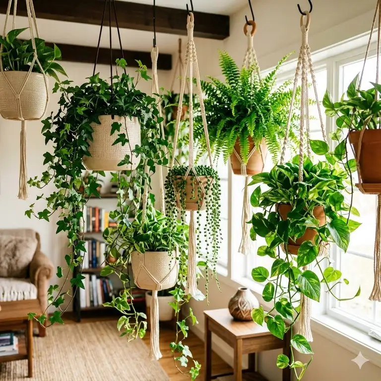 A lush collection of various evergreen hanging plants cascading from ceramic pots in a bright living room.
