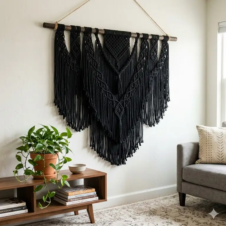 A large, intricately knotted black macrame wall hanging displayed on a white wall in a modern bohemian living room.