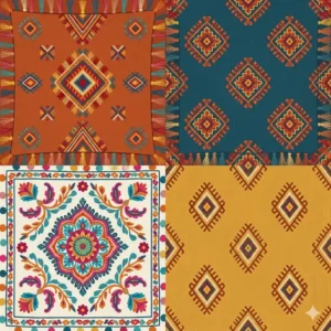 Illustration showing various Moroccan and tribal patterns used in colorful boho pillows