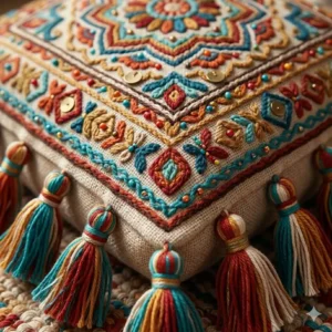 Close-up illustration of the woven cotton fabric and embroidery on a single large bohemian floor cushion.