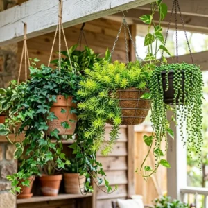 A curated collection of different evergreen outdoor hanging plants arranged by texture.