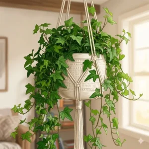 Close-up illustration of the heart-shaped leaves of a trailing English Ivy, a popular evergreen hanging plants variety.