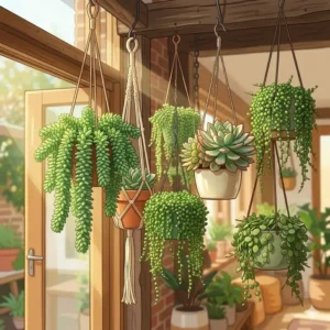 Detailed illustration of Burro's Tail and String of Pearls as ideal hanging plants direct sunlight.