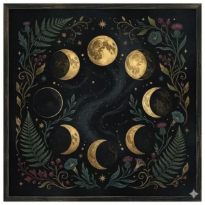 Gold moon phase illustration on a black background with botanical accents in dark boho style.
