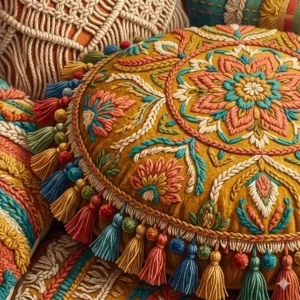 A detailed close-up illustration showing the rich textures and embroidery of colorful boho throw pillows.