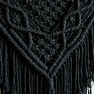 Close-up view of intricate square knots and twisted fringe on a handmade black macrame piece.