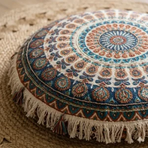 A close-up shot showing the intricate embroidery and mandala patterns of round boho floor pillows.