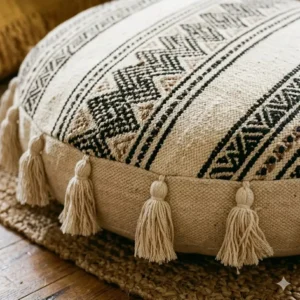 Close-up detail of a hand-woven boho floor cushion showing intricate tassel fringes and macrame patterns.