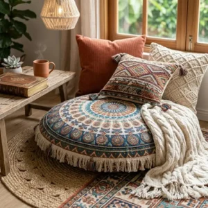 A cozy indoor reading nook featuring soft lighting and plush boho floor pillows for comfortable seating.