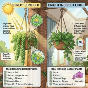 A comparison diagram showing light intensity needs for different hanging plants direct sunlight.