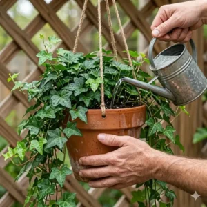 A person watering and caring for healthy evergreen outdoor hanging plants on a patio.