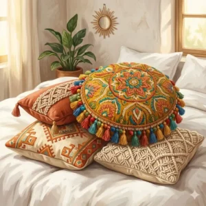 Stylish bedroom arrangement with colorful boho throw pillows layered on white bedding for a vibrant look.