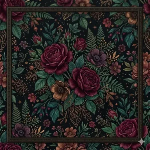Seamless dark boho floral pattern featuring deep burgundy roses and forest green leaves.