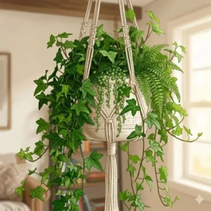 Three different evergreen hanging plants suspended in bohemian-style macramé plant hangers against a white wall.