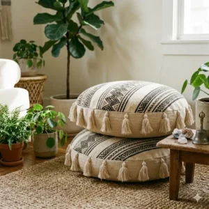 A peaceful meditation corner styled with stacked round boho floor cushions and indoor plants.