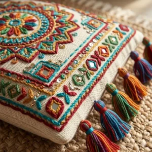 Illustration showing the scale of large bohemian floor cushions next to a standard coffee table.