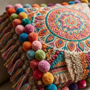Close-up view of the intricate textures and fringe details on colorful boho pillows