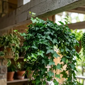Close-up of cascading English Ivy, a popular choice for evergreen outdoor hanging plants.