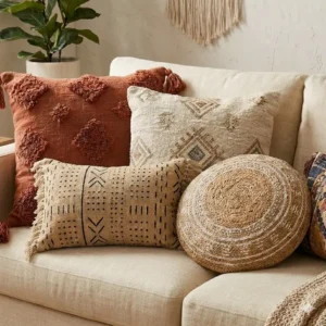 Brightly colored boho throw pillows for a couch with geometric patterns arranged on a modern leather couch.