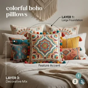 Styling guide diagram showing how to layer colorful boho pillows of different sizes on a bed.