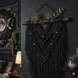 Intricate black macrame wall hanging with wooden beads for a gothic dark boho bedroom.