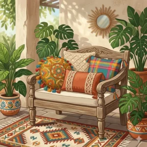 Outdoor wooden bench styled with weather-resistant and colorful boho throw pillows in a garden setting.