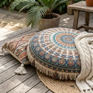 Durable and stylish boho floor pillows used for outdoor seating on a wooden patio deck.