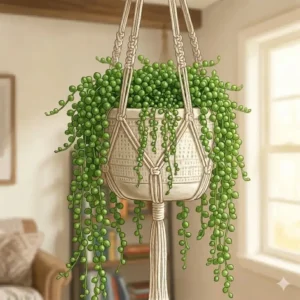 Illustration of a String of Pearls plant, a unique succulent-style evergreen hanging plants with pea-like foliage.