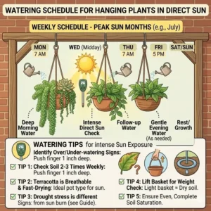 Infographic showing a proper watering schedule for hanging plants direct sunlight during summer.