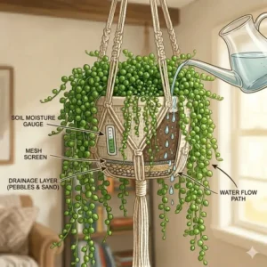 An instructional diagram showing how to properly water evergreen hanging plants to ensure healthy year-round growth.
