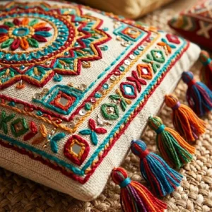 A set of large bohemian floor cushions in vibrant mandala prints and earthy terracotta tones.