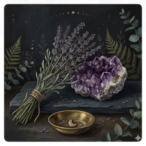 Illustration of an amethyst crystal cluster and dried lavender bundle in dark boho aesthetic.