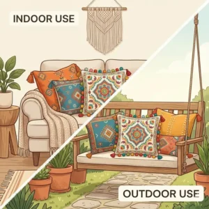 Comparison of colorful boho pillows styled in a cozy indoor nook and an outdoor garden patio.