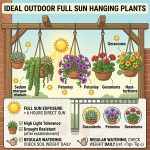 Stylized drawing of an outdoor balcony decorated with flowering hanging plants direct sunlight.