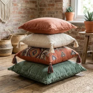 A vertical stack of square boho floor pillows in various earthy colors like terracotta and sage green.