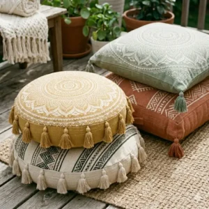 A variety of colorful mandala print boho floor cushions in earthy tones like terracotta, sage, and mustard.
