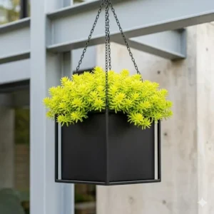 Modern minimalist garden decor featuring symmetrical evergreen outdoor hanging plants.