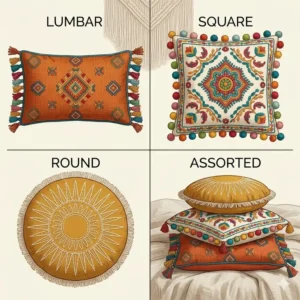 An array of colorful boho pillows in different shapes including round, square, and long lumbar styles