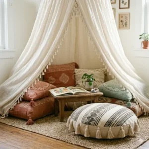 A child’s cozy reading nook featuring soft tufted boho floor cushions and a canopy.