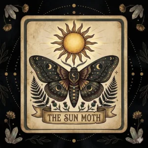 Stylized dark boho tarot card graphic featuring a sun and moth design with vintage textures.