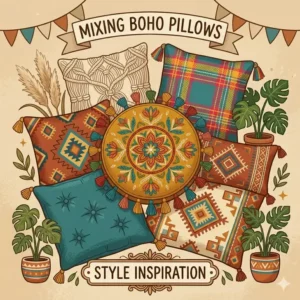 Visual inspiration for mixing and matching different patterns using colorful boho throw pillows.
