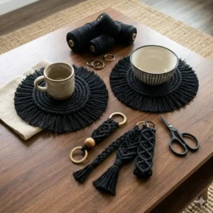 A collection of small handmade black macrame accessories including fringed coasters and braided keychains.