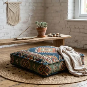 A peaceful meditation space with a thick boho floor pillows base, incense, and a small plant.