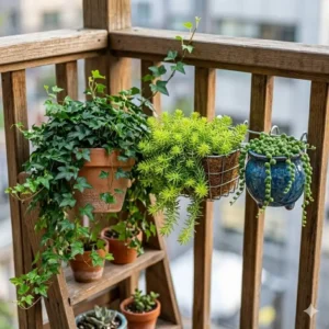 Vertical garden display of evergreen outdoor hanging plants on a small apartment balcony.