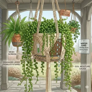 Hardy evergreen hanging plants displayed on a covered outdoor porch for year-round curb appeal.