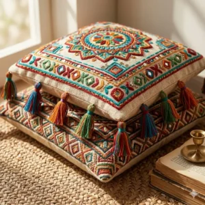 Illustration of a minimalist reading corner featuring a stack of large bohemian floor cushions for comfortable seating.