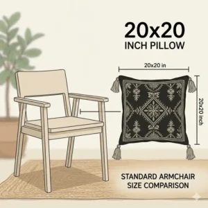Illustration 5: A size comparison chart showing a 20x20 inch black boho pillow next to an armchair.