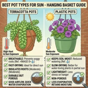 Visual comparison of terracotta and plastic pots used for hanging plants direct sunlight.