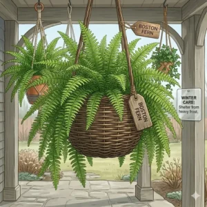 A vibrant, bushy Boston Fern spilling over the sides of a hanging basket, showcasing dense evergreen hanging plants foliage.