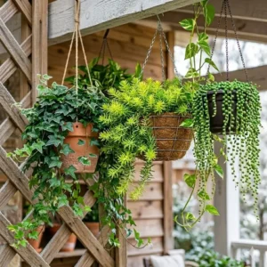 Winter-hardy foliage of evergreen outdoor hanging plants maintaining color in cold weather.